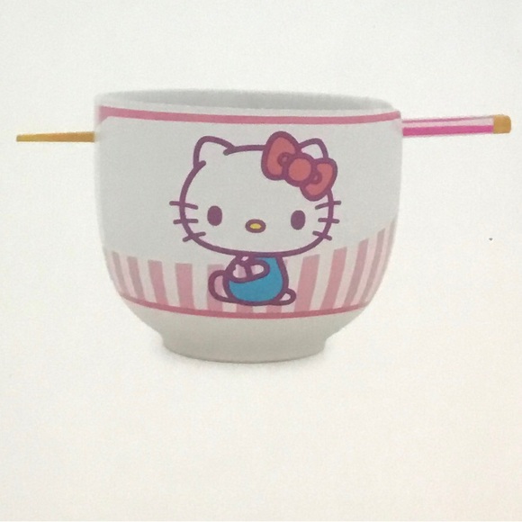 🩷🆕 Sanrio Hello Kitty / Tokyo / Pink Stripes / Ramen Bowl / Chopsticks & Spoon - Picture 2 of 11